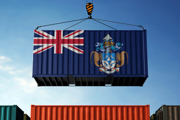 Tristan da Cunha trade cargo container hanging against clouds background