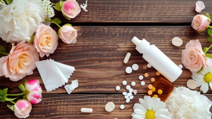 Flowers and allergy pill drug tablets on wooden board