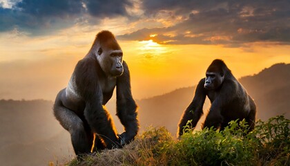 Obraz na płótnie Canvas A giant gorilla monkey and a beautiful sunset, sunrise, wildlife