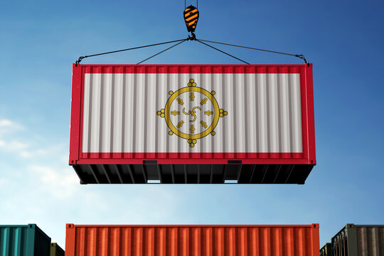 Sikkimese People trade cargo container hanging against clouds background