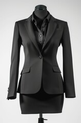 Black female formal suit made up of jacket and skirt on a mannequin on white background.