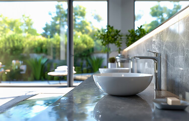 lavabo lussioso in ambiente di vetrate ampie e marmi preziosi nei toni de grigio, stile minimalista , design di interni di alta qualità, amiente raffinato e lussuoso di sala da bagno