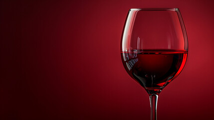 A close-up shot of a crystal-clear 8K HD wine glass filled with rich red wine, set against a deep burgundy solid color background.