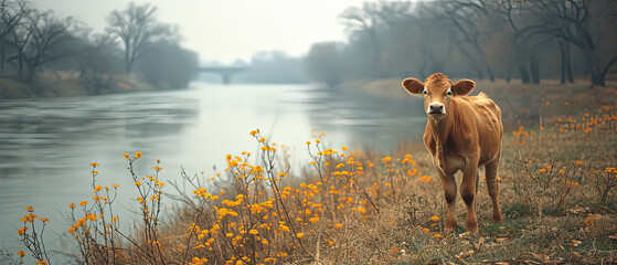 a cow standing in the grass by the water
