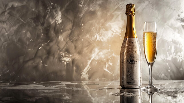 A glamorous 8K HD image featuring a champagne bottle and glass against an elegant silver background, creating a captivating composition for a special moment.