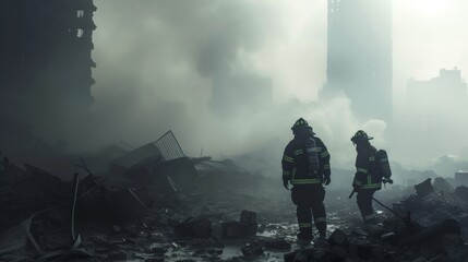 Firefighter searching in building ruin for survivors - obrazy, fototapety, plakaty