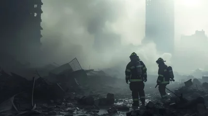 Fotobehang Firefighter searching in building ruin for survivors © Joyce