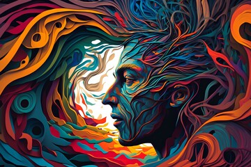 An image capturing the chaos of disrupted thoughts, with a person surrounded by swirling colors and abstract shapes, representing the turbulent mental state.