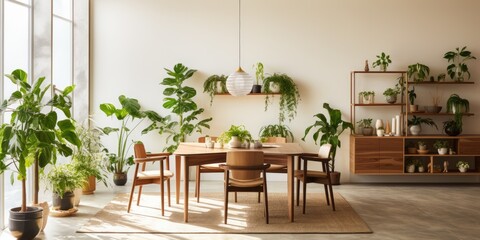 Contemporary dining room adorned with indoor plants.