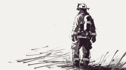 Vector illustration line sketch drawing of firefighter