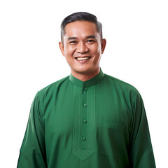 Portrait of a smiling mature Indonesian man, happy face, isolated on white background - obrazy, fototapety, plakaty