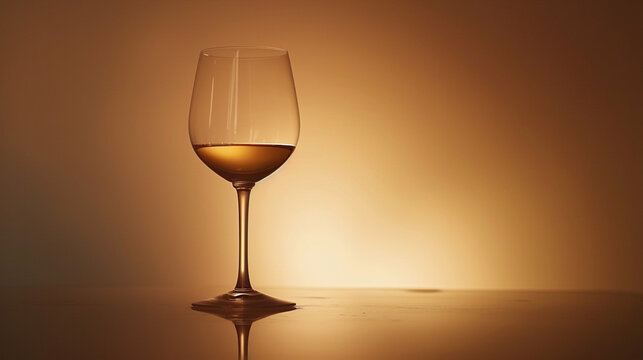 A serene image of a wine glass in 8K HD, placed on a reflective surface with soft lighting, creating a tranquil atmosphere against a subtle taupe solid color background.