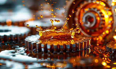Dynamic splash of motor oil on precision gears, symbolizing high-performance lubrication in automotive maintenance for machine efficiency - obrazy, fototapety, plakaty