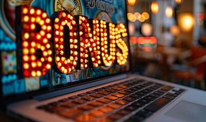 Illuminated BONUS sign on a laptop screen, capturing the allure and excitement of online rewards, incentives, and the digital gaming experience