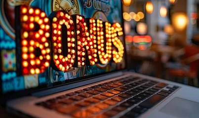 Fototapeten Illuminated BONUS sign on a laptop screen, capturing the allure and excitement of online rewards, incentives, and the digital gaming experience © Bartek