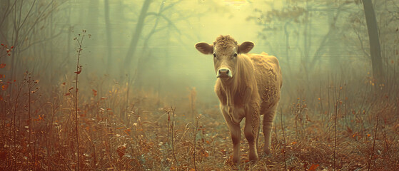 a cow standing in the middle of a field in the fog