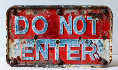 Worn and weathered DO NOT ENTER sign on a white background, conveying a clear message of restriction and boundary with a vintage feel