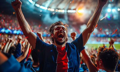 Exhilarated crowd of football/soccer fans cheering passionately in a stadium, expressing intense...