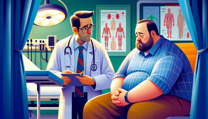 giovane medico triste che illustra i risultati delle analisi a paziente obeso  - obrazy, fototapety, plakaty