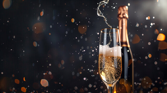 A stunning 8K HD photograph capturing the festive spirit, with a champagne bottle and glass against a deep black background, emphasizing the effervescence.
