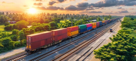 Freight train transporting sea containers along tracks beside lush forest in side view