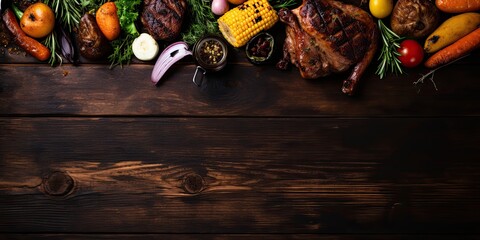 Bird's eye view of BBQ feast with steak, chicken, and veggies on rustic wood table. - obrazy, fototapety, plakaty