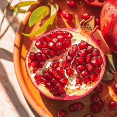 Pomegranate beauty Close up view of fresh pomegranate pieces on plate For Social Media Post Size