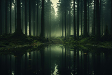 High coniferous forest with moss and pond. Generated by artificial intelligence