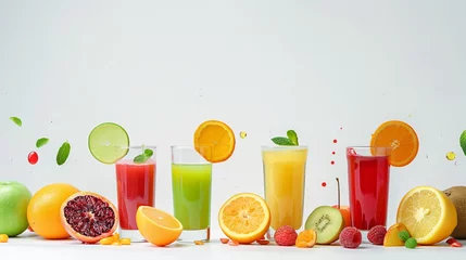 Fotobehang Dive into a world of freshness with an enticing 8K HD photograph featuring colorful glasses of fruity juices against a pristine white backdrop © Abdul