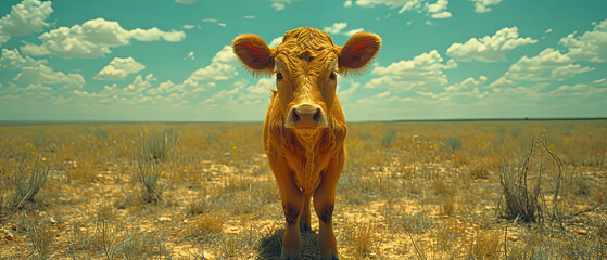 a brown cow standing in a field of dry grass