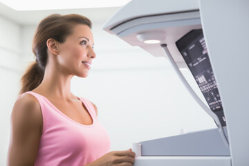 A woman is looking at a machine with a screen on it. She is smiling and she is happy