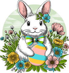 Easter bunny illustration with egg and flowers. Happy holidays greeting card and t-shirt print