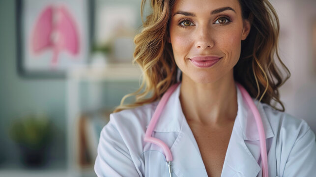 A woman in a white lab coat with a pink stethoscope is smiling. She is a doctor and is posing for a picture