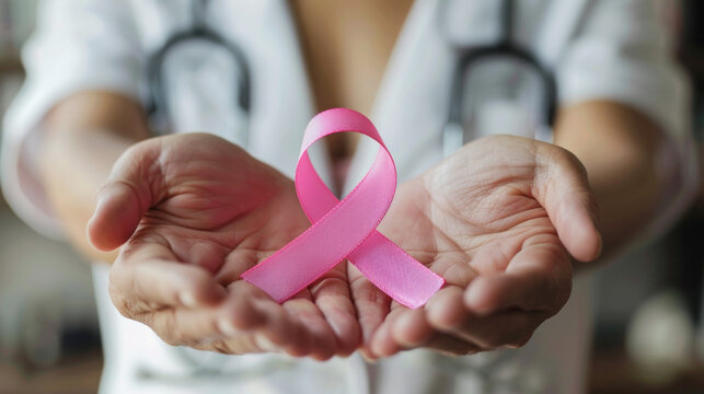 A woman is holding a pink ribbon in her hand. The ribbon is pink and is being held by a doctor. The image conveys a message of awareness and support for breast cancer