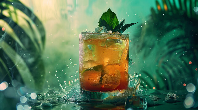 Embark on a visual journey with a sophisticated 8K HD image featuring a captivating cocktail against a striking emerald green background, capturing the essence of mixology.