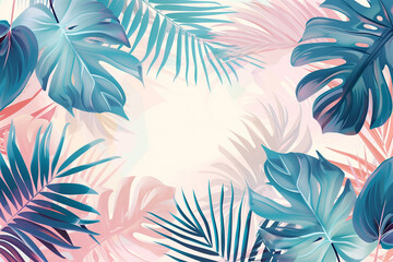 Fototapeta na wymiar Pastel color tropical leaves background. Hello summer concept. Flat lay, copy space for text