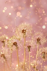 Obraz premium delicate dandelion flowers made of thin gold on a pastel pink background with golden glitter