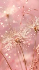 delicate dandelion flowers made of thin gold on a pastel pink background with golden glitter