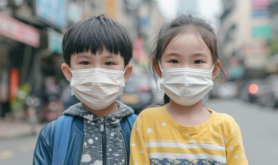 Two children wearing masks are standing on a street. The boy is wearing a blue jacket and the girl is wearing a yellow shirt