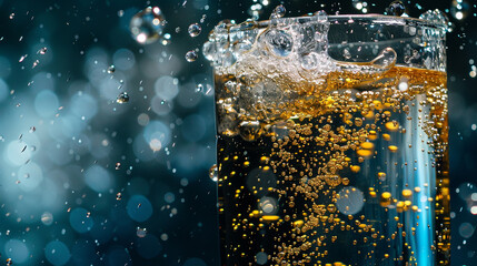 Experience the effervescence in stunning 8K HD with an image showcasing carbonated drinks against a luxurious deep blue isolated background, capturing the fizz and bubbles with exceptional clarity. - obrazy, fototapety, plakaty