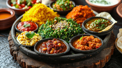 piatto tradizionale etiope, come l'injera, con vari contorni e salse, che rappresenta la ricchezza culinaria di questa regione. - obrazy, fototapety, plakaty