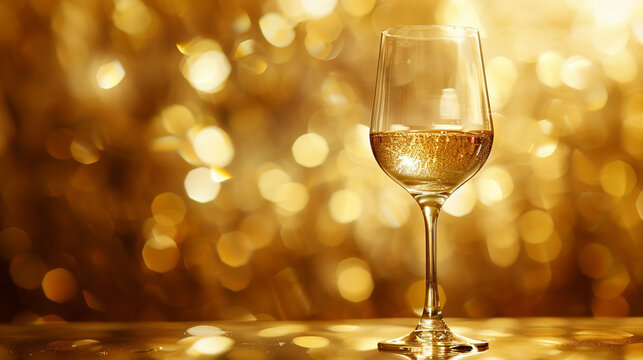 Explore the sparkling clarity of an 8K HD image highlighting a wine glass against a radiant gold isolated background, evoking opulence.