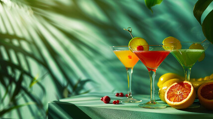 Immerse yourself in the fruity delight of a sophisticated 8K HD image showcasing colorful cocktail glasses against a striking emerald green background, evoking the essence of a tropical paradise. - obrazy, fototapety, plakaty