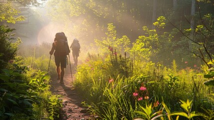 Two hikers with backpacks journeying through a sunbeam-lit forest path surrounded by morning mist and wildflowers.