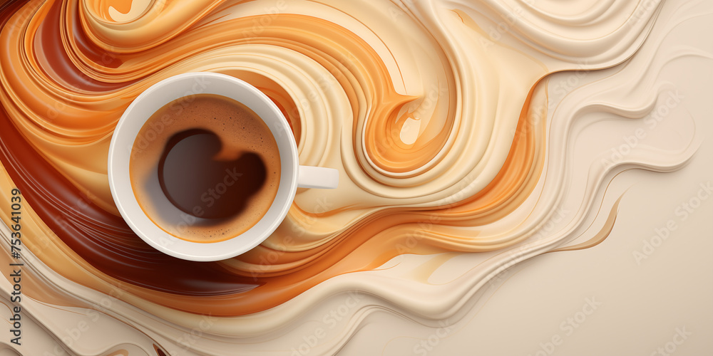 Wall mural Abstract 3D coffee background, a cup of coffee against a background of soft waves and lines in brown tones, latte art, top view