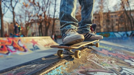 Close-up of a skateboarder's feet on a board, poised to take off in a graffiti-adorned urban skate park. - obrazy, fototapety, plakaty