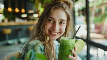 Fotobehang Young girl with green smoothie. © tiagozr