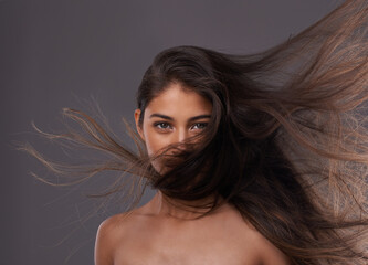 Portrait, woman or wind as hair care, hairdressing or beauty as healthy, change or growth for...