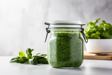 Glass jar of pesto sauce on modern light grey concrete background, ideal for culinary concepts. - obrazy, fototapety, plakaty