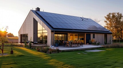 Obraz premium modern eco friendly house with a solar system. Solar panels on the on the roof. 